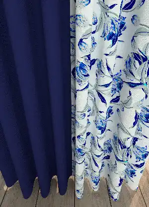 Dökümlü Kumaştan Çiçek Desenli Lacivert Kombinli Baskılı Fon Perde 1. Kalite