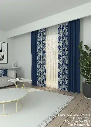 Dökümlü Kumaştan Çiçek Desenli Lacivert Kombinli Baskılı Fon Perde 1. Kalite