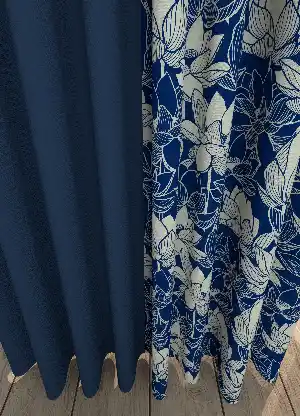 Dökümlü Kumaştan Çiçek Desenli Lacivert Kombinli Baskılı Fon Perde 1. Kalite