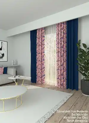 Dökümlü Kumaştan Çiçek Desenli Lacivert Kombin Baskılı Fon Perde 1. Kalite