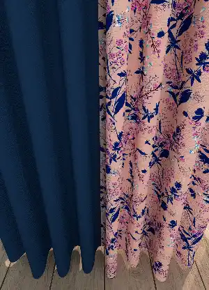 Dökümlü Kumaştan Çiçek Desenli Lacivert Kombin Baskılı Fon Perde 1. Kalite