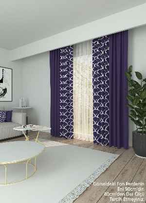 Dökümlü Kumaştan Modern Desenli Mor Kombinli Baskılı Fon Perde 1. Kalite