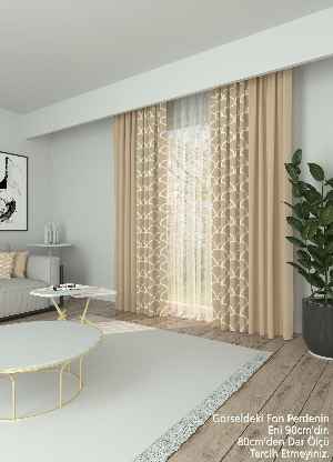 Dökümlü Kumaştan Modern Desenli Bej Kombinli Baskılı Fon Perde 1. Kalite