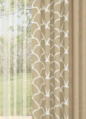 Dökümlü Kumaştan Modern Desenli Bej Kombinli Baskılı Fon Perde 1. Kalite