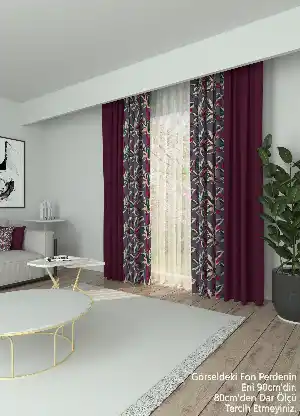 Dökümlü Kumaştan Yaprak Desenli Mürdüm Kombinli Baskılı Geniş En Fon Perde 1. Kalite