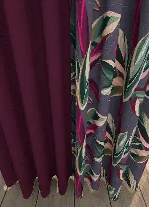 Dökümlü Kumaştan Yaprak Desenli Mürdüm Kombinli Baskılı Geniş En Fon Perde 1. Kalite
