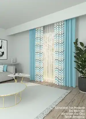 Dökümlü Kumaştan Açık Mavi Zikzak Desenli Baskılı Fon Perde Geniş En Kombinli 1. Kalite