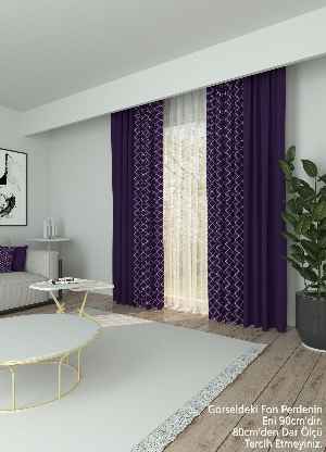 Dökümlü Kumaştan Mor Geometrik Desenli Baskılı Fon Perde Geniş En Kombinli 1. Kalite