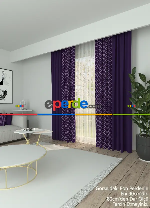 Dökümlü Kumaştan Mor Geometrik Desenli Baskılı Fon Perde Geniş En Kombinli 1. Kalite