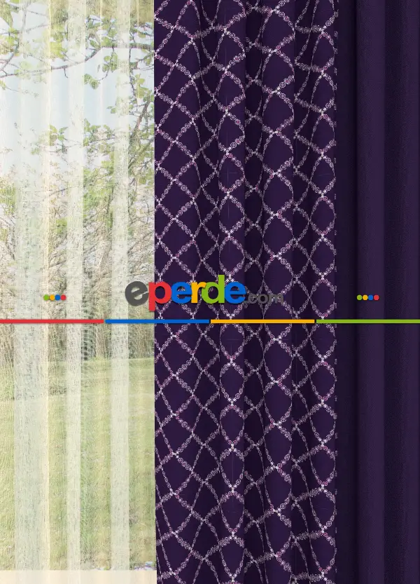 Dökümlü Kumaştan Mor Geometrik Desenli Baskılı Fon Perde Geniş En Kombinli 1. Kalite