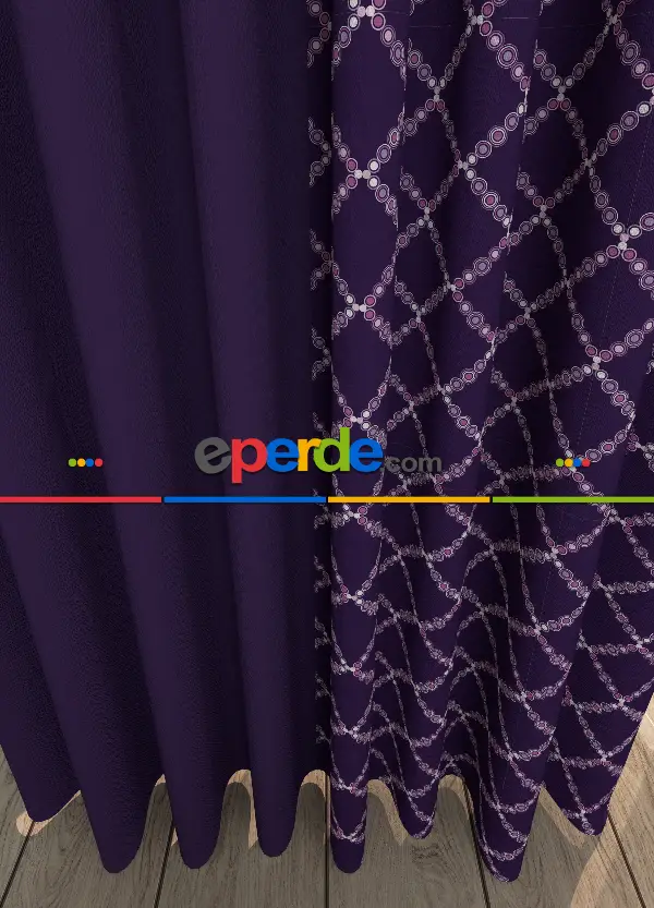 Dökümlü Kumaştan Mor Geometrik Desenli Baskılı Fon Perde Geniş En Kombinli 1. Kalite