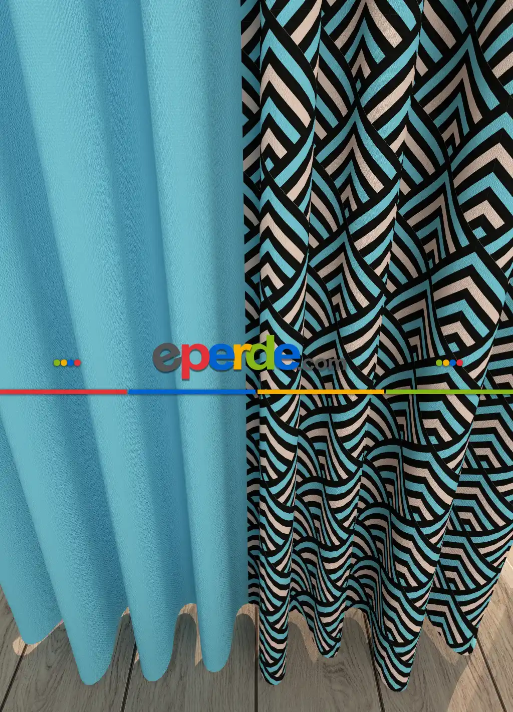 Dökümlü Kumaştan Mavi Geometrik Desenli Baskılı Fon Perde Geniş En Kombinli 1. Kalite