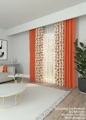 Dökümlü Kumaştan Pembemsi Turuncu Modern Desenli Baskılı Fon Perde Geniş En Kombinli 1. Kalite