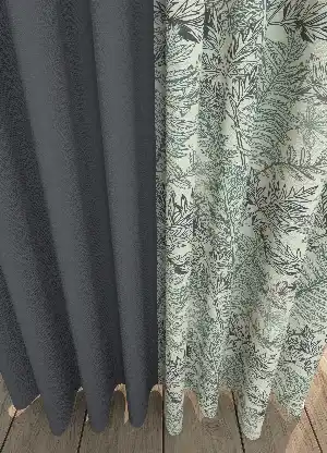 Dökümlü Kumaştan Gri Yaprak Desenli Baskılı Fon Perde Geniş En Kombinli 1. Kalite