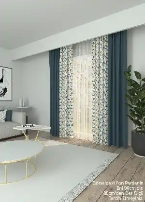 Dökümlü Kumaştan İndigo Mavi Yaprak Desenli Kombinli Baskılı Fon Perde Geniş En 1. Kalite