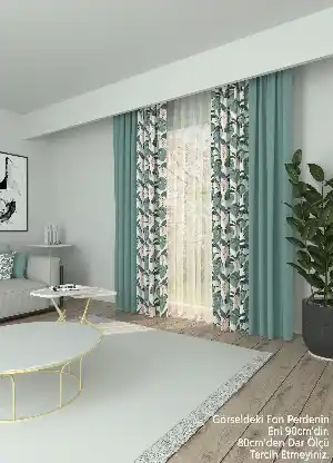 Dökümlü Kumaştan Yeşil Yaprak Desenli Kombinli Baskılı Fon Perde Geniş En 1. Kalite