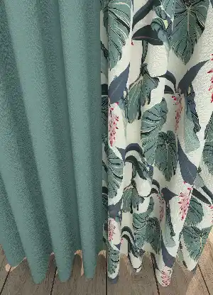 Dökümlü Kumaştan Yeşil Yaprak Desenli Kombinli Baskılı Fon Perde Geniş En 1. Kalite