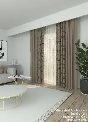 Dökümlü Kumaştan Açık Vizon Kafes Desenli Kombinli Baskılı Fon Perde 1. Kalite