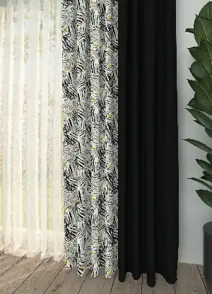 Dökümlü Kumaştan Koyu Antrasit Yaprak Desenli Baskılı Kombinli Geniş En Fon Perde 1. Kalite