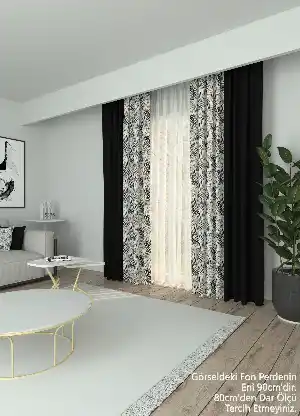 Dökümlü Kumaştan Koyu Antrasit Yaprak Desenli Baskılı Kombinli Geniş En Fon Perde 1. Kalite