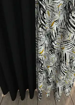 Dökümlü Kumaştan Koyu Antrasit Yaprak Desenli Baskılı Kombinli Geniş En Fon Perde 1. Kalite