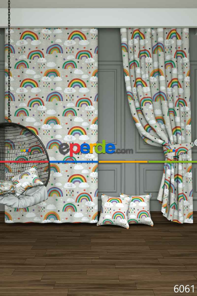 Açık Gri Gökkuşağı Ve Bulut Desenli Baskılı Fon Perde Geniş En 1. Kalite