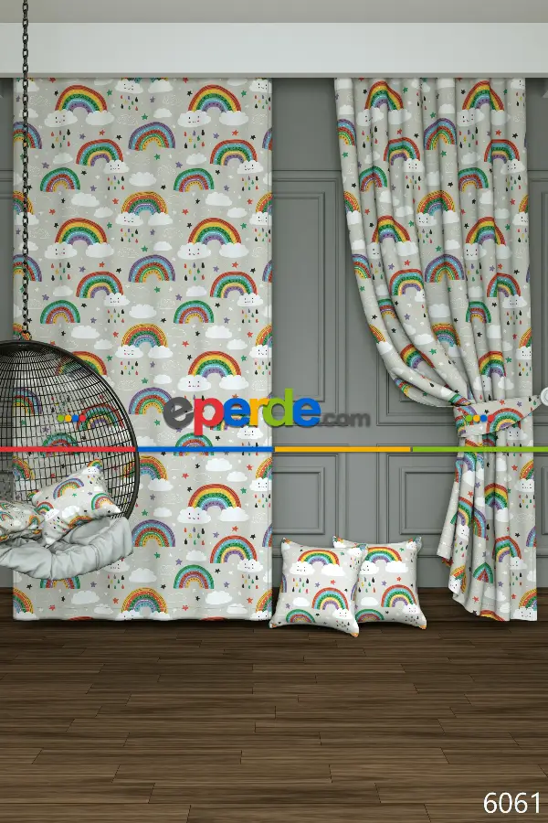 Bebek Odası - Dökümlü Kumaştan Açık Gri Gökkuşağı ve Bulut Desenli Baskılı Fon Perde Geniş En 1. Kalite