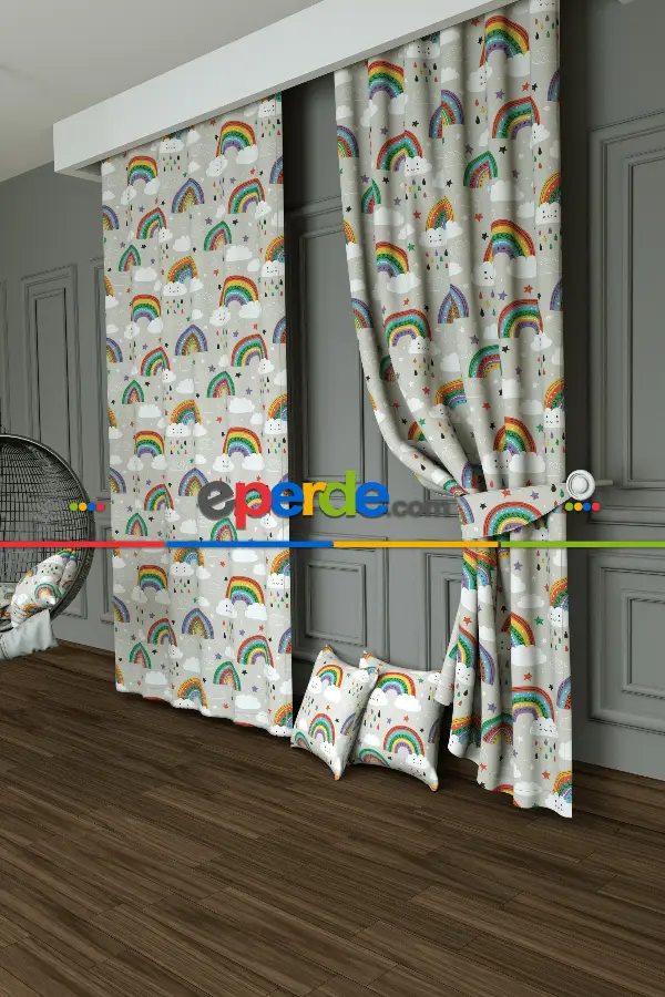 Bebek Odası - Dökümlü Kumaştan Açık Gri Gökkuşağı ve Bulut Desenli Baskılı Fon Perde Geniş En 1. Kalite