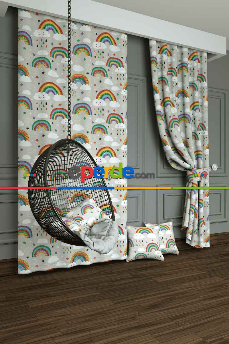 Açık Gri Gökkuşağı Ve Bulut Desenli Baskılı Fon Perde Geniş En 1. Kalite