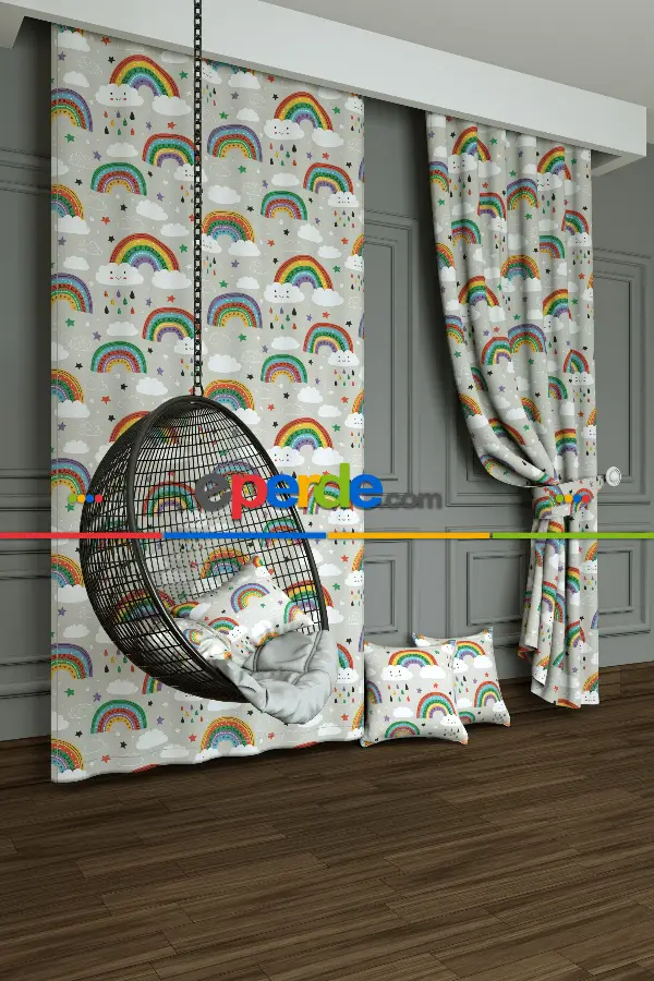 Bebek Odası - Dökümlü Kumaştan Açık Gri Gökkuşağı ve Bulut Desenli Baskılı Fon Perde Geniş En 1. Kalite