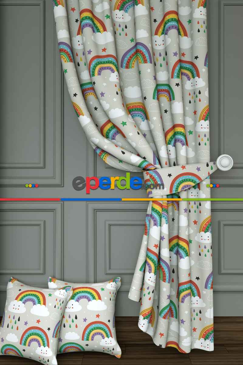 Açık Gri Gökkuşağı Ve Bulut Desenli Baskılı Fon Perde Geniş En 1. Kalite