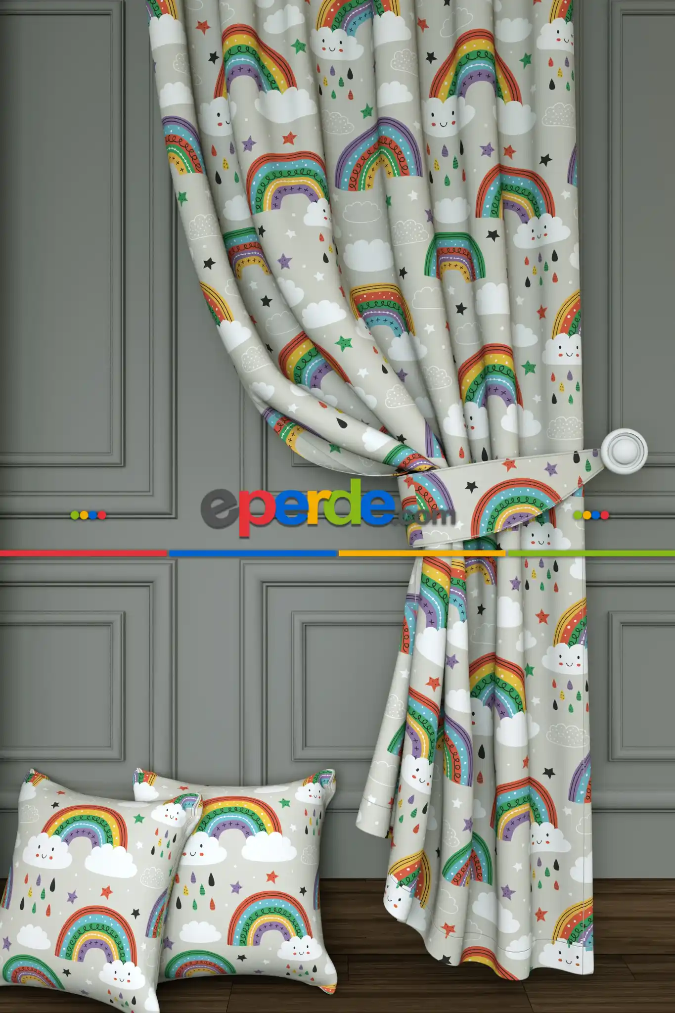 Bebek Odası - Dökümlü Kumaştan Açık Gri Gökkuşağı ve Bulut Desenli Baskılı Fon Perde Geniş En 1. Kalite