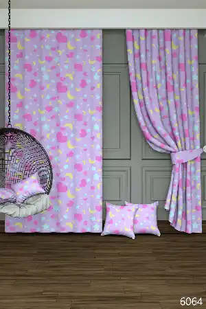 Dökümlü Kumaştan Lila Pembe Kalp ve Yıldız Desenli Baskılı Fon Perde Geniş En 1. Kalite