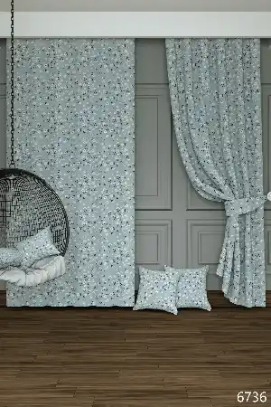 Genç Odası - Dökümlü Kumaştan Grimsi Mavi Minik Papatya Desenli Baskılı Fon Perde Geniş En 1. Kalite