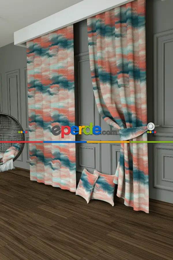 Genç Odası - Dökümlü Kumaştan Yeşil Yavruağzı Suluboya Desenli Baskılı Fon Perde Geniş En 1. Kalite