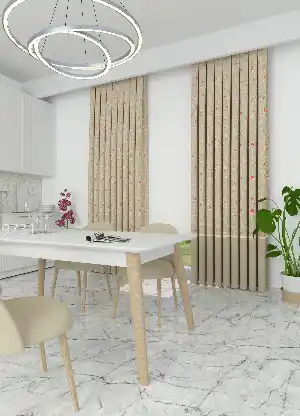 Dökümlü Kumaştan Bej Çiçek Desenli Mutfak Farklı Kombinli Baskılı Fon Perde Geniş En 1. Kalite