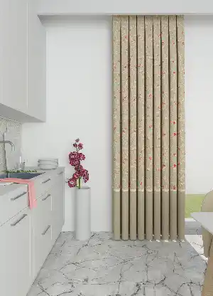 Dökümlü Kumaştan Bej Çiçek Desenli Mutfak Farklı Kombinli Baskılı Fon Perde Geniş En 1. Kalite