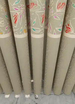 Dökümlü Kumaştan Bej Çiçek Desenli Mutfak Farklı Kombinli Baskılı Fon Perde Geniş En 1. Kalite