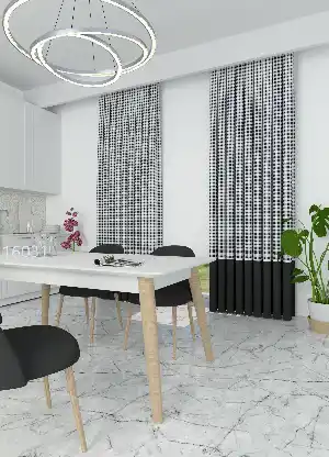 Dökümlü Kumaştan Siyah Mutfak Farklı Kombinli Ekose Desenli Baskılı Fon Perde Geniş En Kombinli 1. Kalite