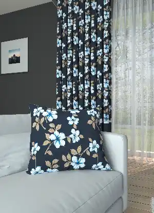 Dökümlü Kumaştan Lacivert Çiçek Desenli Baskılı Fon Perde Farklı Üstü Desenli Altı Düz Geniş En 1. Kalite