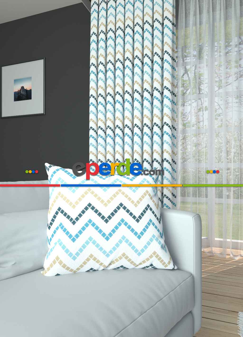 Mavi Zikzak Desenli Baskılı Fon Perde Geniş En 1. Kalite