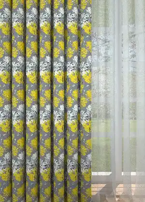 Dökümlü Kumaştan Gri Sarı Çiçek Desenli Baskılı Fon Perde Geniş En 1. Kalite