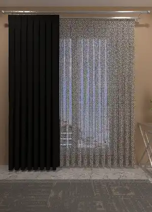 Füme Geometrik Desenli Keten Zemin Baskılı Tül Perde - Salon