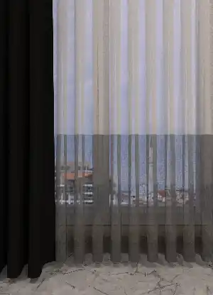 Genç Odası - Füme Gri Bantlı Keten Zemin Baskılı Tül Perde - Salon