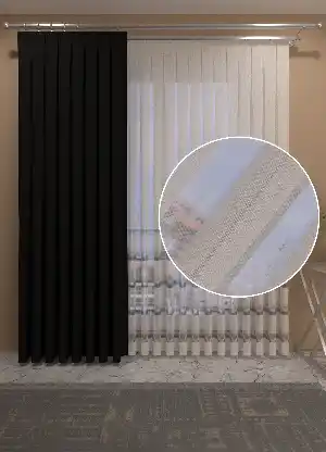 Salon Tül - Lacivert Ekru Renkli Şerit Desenli Keten Zemin Baskılı Tül Perde - Salon