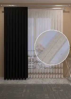 Turuncu Ekru Renkli Şerit Desenli Keten Zemin Baskılı Tül Perde - Salon