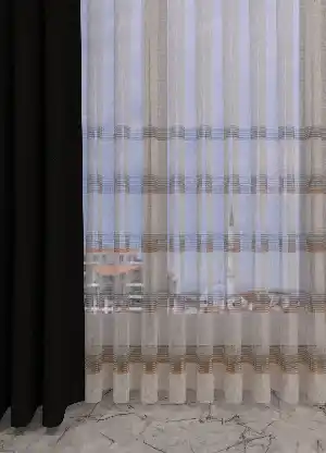 Turuncu Ekru Renkli Şerit Desenli Keten Zemin Baskılı Tül Perde - Salon