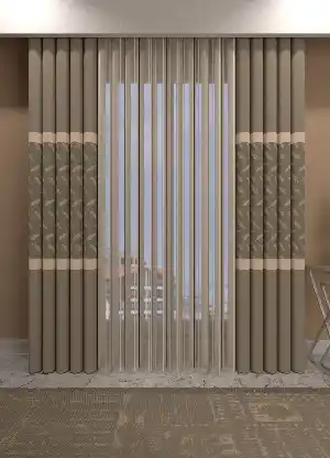 Salon - Baskılı Akıllı Tül Perde Bej Renk Yaprak Desenli Tül Dikey Zebra Perde 1. Kalite