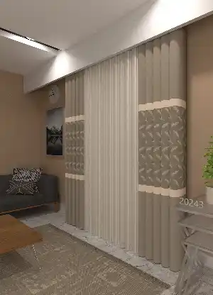 Salon - Baskılı Akıllı Tül Perde Bej Renk Yaprak Desenli Tül Dikey Zebra Perde 1. Kalite