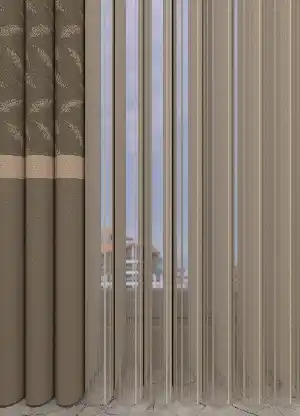 Salon - Baskılı Akıllı Tül Perde Bej Renk Yaprak Desenli Tül Dikey Zebra Perde 1. Kalite